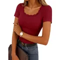 Elegant burgundy ribbed knit T-shirt featuring delicate lace trim and a chic square neckline - S / Tops / Red