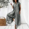 Combinaison minimaliste en coton et lin gris pour femme avec jambes larges et boutons - S / Haut Et Bas / Gris
