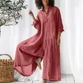 Women's casual long sleeve solid color cotton linen button down jumpsuit with wide legs - S / Top And Bottom (736) / Pink