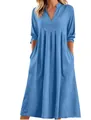 Elegante abito midi casual in cotone e lino blu con scollo a V e tasche per donna - Blu