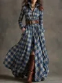Detail van Franse vintage geruite maxi-jurk met een bruine leren tailleriem - S / Dresses / Blauw Geel Ruitjes