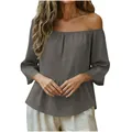 Elegante camicetta grigia in cotone e lino con spalle scoperte e trama visibile - Grigio