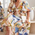 Elegant bohemian floral midi dress with V-neck and puff sleeves for beach vacations - S / Dresses / Abstract Floral Multicolor