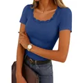 Blue ribbed knit short sleeve T-shirt for women featuring delicate lace trim and square neck - S / Tops / Blue Gold