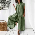 Combinaison ample en coton et lin vert armée avec boutons et poches en vue complète - S / Haut Et Bas / Vert