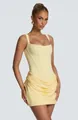 Elegant pale yellow square neck sleeveless ruched bodycon mini dress for women detail view - Yellow