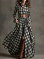 Detailweergave van Franse vintage geruite maxi-jurk met onregelmatige zoom en knopen - S / Dresses / Zwart/Wit/Grijs Geruit
