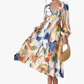 Bohemian deep V-neck maxi dress with abstract colorful print and puffed long sleeves - Blue Yellow Orange Print