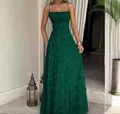 Detailed view of elegant dark green floral pattern on a sexy spaghetti strap maxi dress - Dark Green