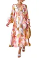 Detail view of elegant bohemian deep V-neck floral print long sleeve midi dress for women - S / Top (7) / Warm Orange Pink Purple Print