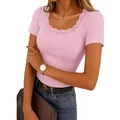 Casual pink ribbed short sleeve T-shirt with elegant lace trim square neckline for women - S / Tops / Pink