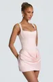 Elegant pink square-neck mini dress with corset bodice and ruched skirt details. - Pink