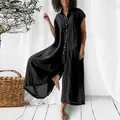 Detailansicht eines ärmellosen Damen-Jumpsuits aus Baumwollleinen mit weitem Bein - Schwarz