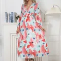 Bohemian style abstract floral midi dress with deep V-neck and high waist for spring. - S / Top (5) / Coral Blue Print