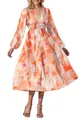 Bohemian V-neck floral midi dress with long sleeves and elastic high waist detail - Orange Pink White Watercolor Print