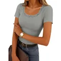 Grey ribbed knit lace trim short sleeve T-shirt for women in casual summer style - Gray
