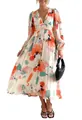 Detail of bohemian deep V-neck maxi dress with abstract colorful print and high waist - Cream Orange Cyan Brushstroke Print