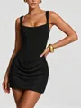 Detail view of the black square neck mini dress featuring elegant front draping - S / Top And Bottom / Black