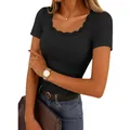Elegant black ribbed T-shirt with lace trim and square neckline for women - Black