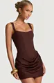 Elegant brown square neck sleeveless bodycon dress featuring stylish draped pleats details - S / Top And Bottom / Coffee