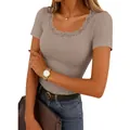 Women's taupe ribbed short sleeve t-shirt featuring elegant lace square neckline design - Light Khaki