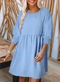 Close-up view of the smocked cuff details on this light blue casual empire waist dress - S / Top And Bottom / Light Blue