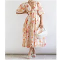 Bohemian style floral midi dress featuring puff sleeves and a smocked high waist - S / Dresses / Off-white Orange Floral