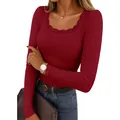 Elegant burgundy square neck knit top with delicate lace trim and ribbed texture - S / Tops / Burgundy