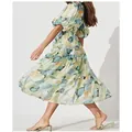 Women's bohemian colorful floral midi dress with puff sleeves and tiered flowy skirt for summer - S / Dresses / Blue Abstract Geometric Multicolor