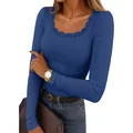 Elegant blue long sleeve rib-knit top with delicate lace trim square neckline for women - S / Tops / Dark Blue