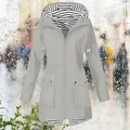 Stylish women's gray waterproof hooded windbreaker featuring striped lining and large pockets - S / Top (Split Hem Style) / Gray