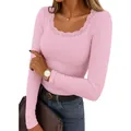 Elegant pink Y2K style square neck long sleeve ribbed knit top with delicate lace trim - S / Tops / Pink