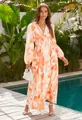 Bohemian deep V-neck floral print high waist long sleeve maxi dress details view - Orange White Floral Print