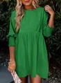 Casual green round neck dress featuring stylish smocked cuffs and a tiered skirt design. - S / Top And Bottom / Green