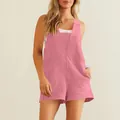 Mono corto informal rosa sin mangas con cuello en V y bolsillos para moda de verano 2025 - S / Top Y Pantalón / Rosa