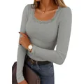 Grey ribbed long sleeve top with lace square neckline for women - S / Tops / Gray