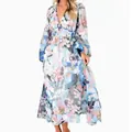 Full view of a bohemian floral print maxi dress featuring a deep V-neck and long sleeves - Light Blue Pink Gray Floral Print