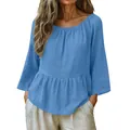 Elegant sky blue long sleeve cotton linen blouse with wide neck and gathered hem details - S / Tops / Blue