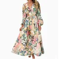 Elegant Bohemian deep V-neck floral print high waist long sleeve maxi dress for women - Pink Yellow Green Macaron Print