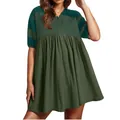 Detail view of a casual color-block dress with buttoned collar and short sleeves - Green