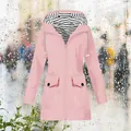 Waterproof women's pink hooded jacket with a stylish black and white striped lining. - S / Top (Straight Hem Style) / Pink