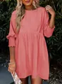 Casual coral pink round neck dress with smocked cuff detail and loose empire waist fit - S / Top And Bottom / Pink