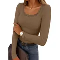 Elegant brown slim fit long sleeve knit top with lace trim square neckline for women - Khaki