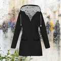 Close-up front view of black outdoor hooded raincoat with striped inner lining - S / Top (Straight Hem Style) / Black