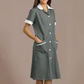 Professional grey medical uniform dress featuring a white lapel collar and pocket trim - S / Top And Bottom / Gray