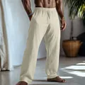 Relaxed fit men's beige cotton linen casual trousers with side pockets and elastic waist - S / Bottoms / Light Apricot