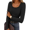 Slim fit black ribbed knit top with lace trim square neck and long sleeves for women - Black