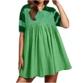 Detailed view of women's casual green short sleeve dress featuring a striped polo lapel - Verdant