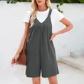Casual grey V-neck romper over white T-shirt for a chic summer look. - S / Top And Bottom / Gray