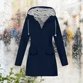 Close-up detail of a navy blue women's hooded rain jacket featuring stylish striped lining. - S / Top (Straight Hem Style) / Navy Blue